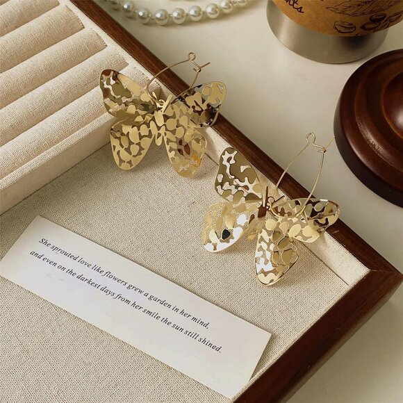 Big Gold Hollow Out Boho Geometric Hook Statement Gold Butterfly Dangle Earrings - Picture 4 of 8